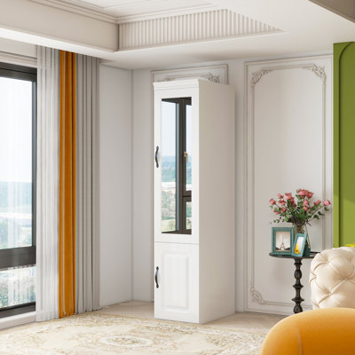 Freestanding Wardrobe Armoire with Mirror, Modern White Narrow Wardrobe Closet for Storage