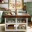 Îlot de cuisine de 140 cm avec rangement, table en bois, brun et blanc