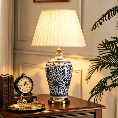 21.6in Blue and White Porcelain Table Lamp, Chinoiserie Ceramic Bedside Lamp for Bedroom Living Room