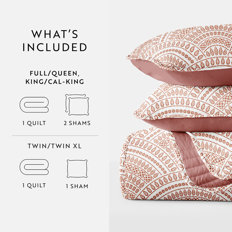 Quilt Coverlet Set All Season Patterned Reversible Microfiber Ultra Soft Bedding in Scalloped, Orange
