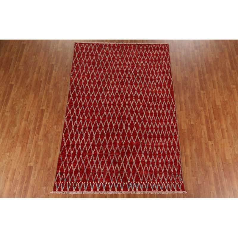 Tapis rouge en laine noué à la main de conception unique 6 pi 5 po x 9 pi 7 po New Age
