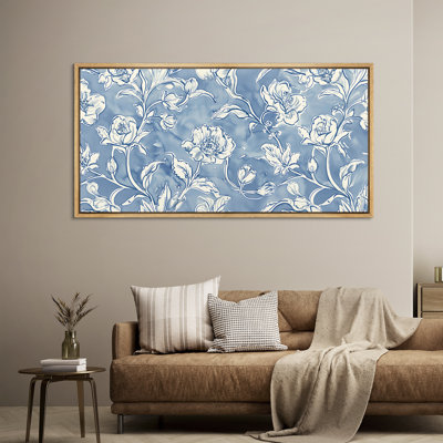 Blue and White Vintage Floral Botanical Pattern – Large Framed Canvas Master Bedroom Wall Art Print