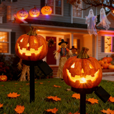 Solar Pumpkin Lights Halloween Decorations Pathway Lights Outdoor Waterproof (Set of 2)