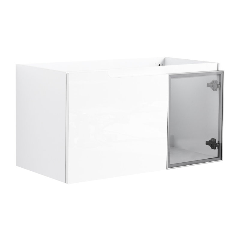 Meuble-lavabo de 36 po avec armoire blanche brillante, 1/2 porte en verre gris, charnières à fermeture en douceur, base en contreplaqué - sans lavabo dans l'emballage