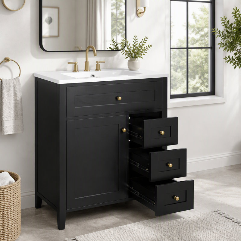 Meuble-lavabo de 30 po avec lavabo et grand rangement, Porte gauche noire, 30