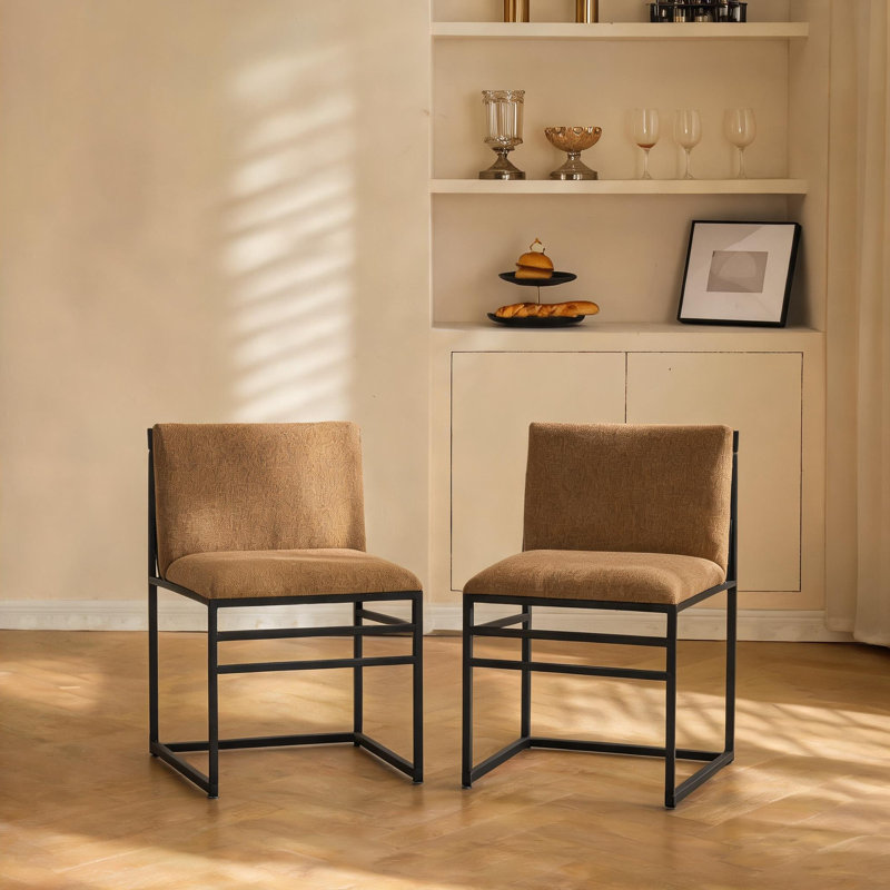Chaises d'appoint pour salle à manger, ensemble de 2, sièges rembourrés en mélange de lin avec cadres en fer, brun