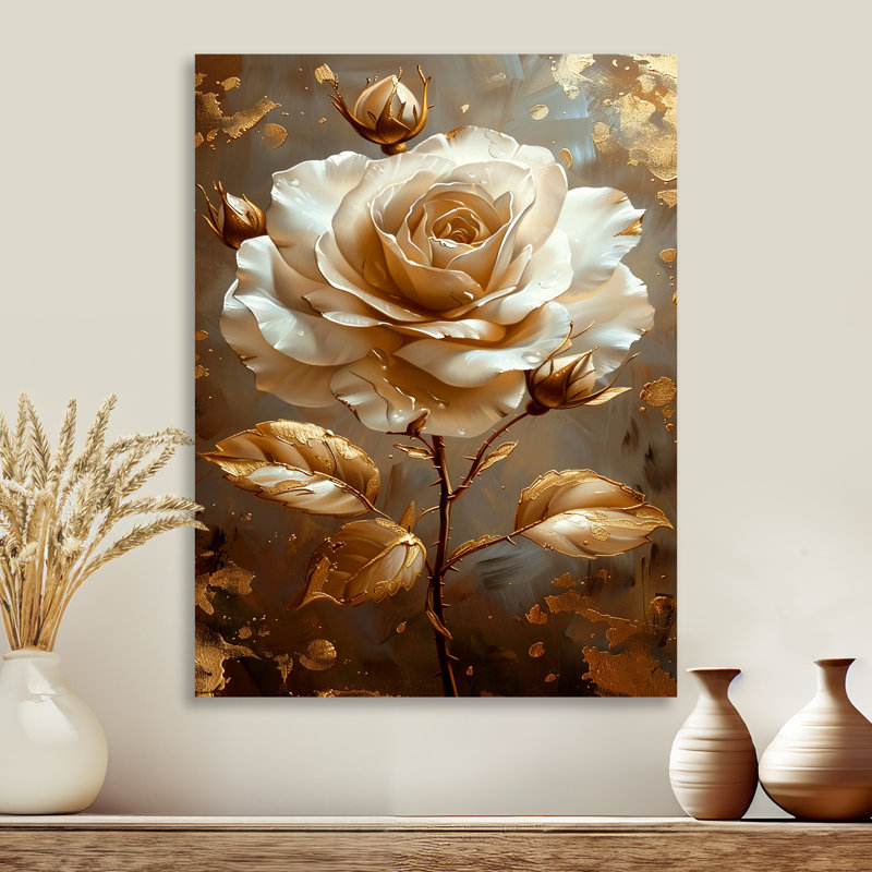 Or blanc doré doré feuilles dorées - rose, art mural, Métal métal, H 44 po x l 34 po x P 1,5 po