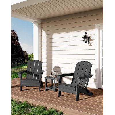 3-Piece Folding Adirondack Chair Set with Side Table, Weather-Resistant HDPE Plastic, 380 lbs Capacity, Wood-Like Texture - Black