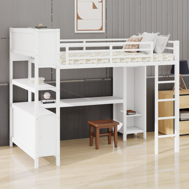Lit mezzanine en métal avec garde-robe et bureau en L, Grand lit, Blanc