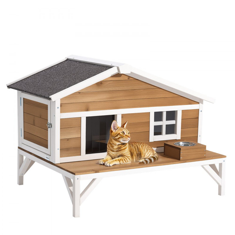 Abri pour chat isolé en bois imperméable avec plateforme