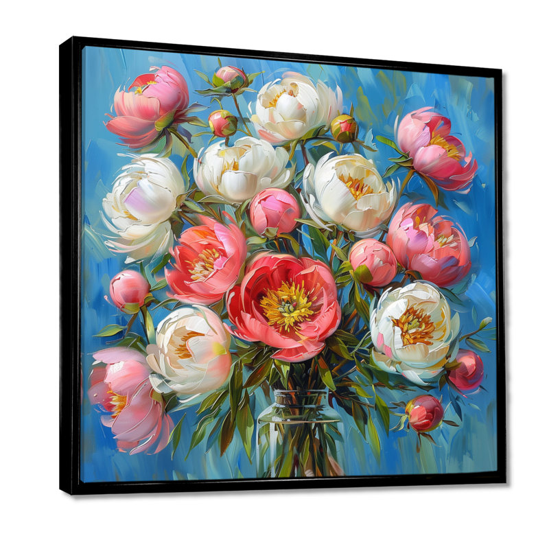 Radiant Bouquet - pivoines, impression d'art mural, H 16 po x l 16 po, Cadre noir