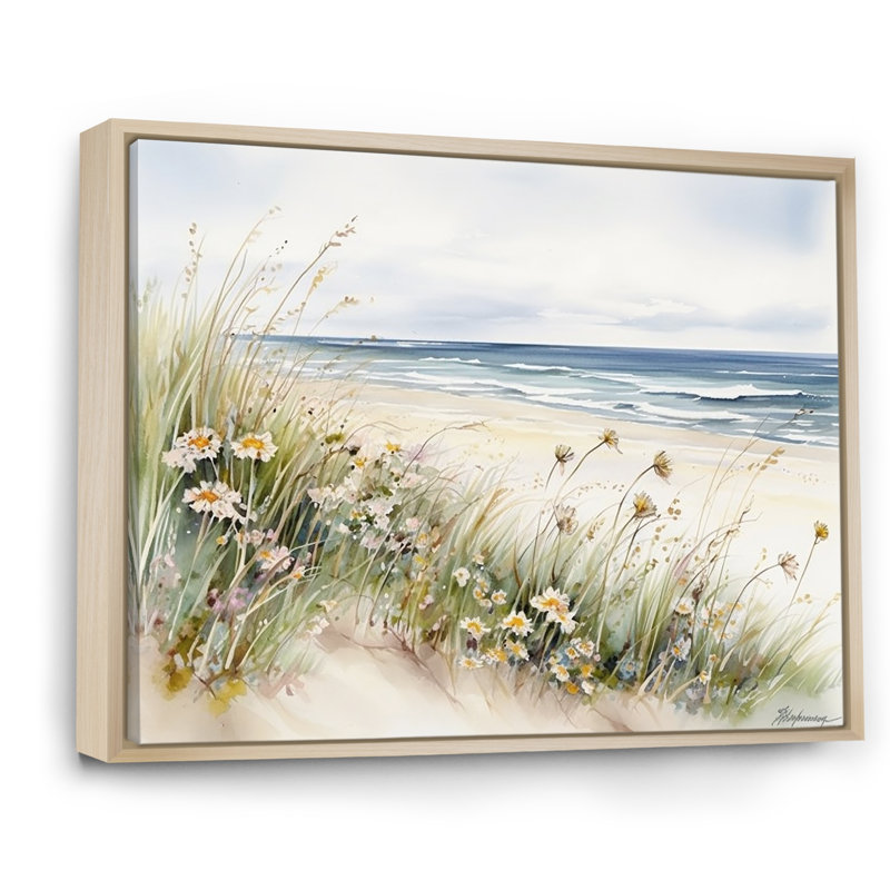 Fleurs sauvages sur la plage - Art mural fleurs sauvages, H 16 po x l 32 po, Cadre naturel flottant