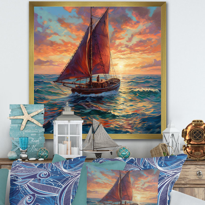 Voilier en mer II sur toile, Encadrement doré, H 36 po x l 36 po x P 1,5 po