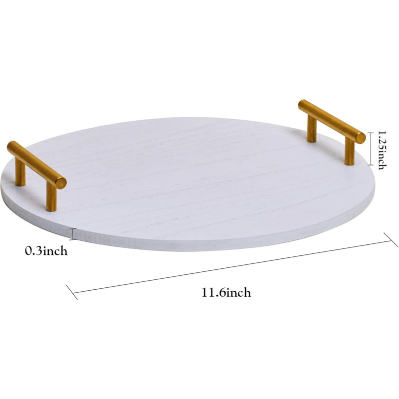 Round Tray, Suitable For Home Decoration, 12-Inch White Wooden Circle With Shiny Golden Handle, Decorative Round Tray, Suitable For Coffee Table, Kitchen, Living Room, Bedroom