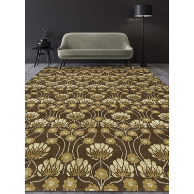 Tapis floral brun / beige en soie / laine noué à la main Floral