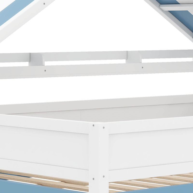 Lit mezzanine double avec toit à baldaquin et armoire de rangement, Blanc / bleu