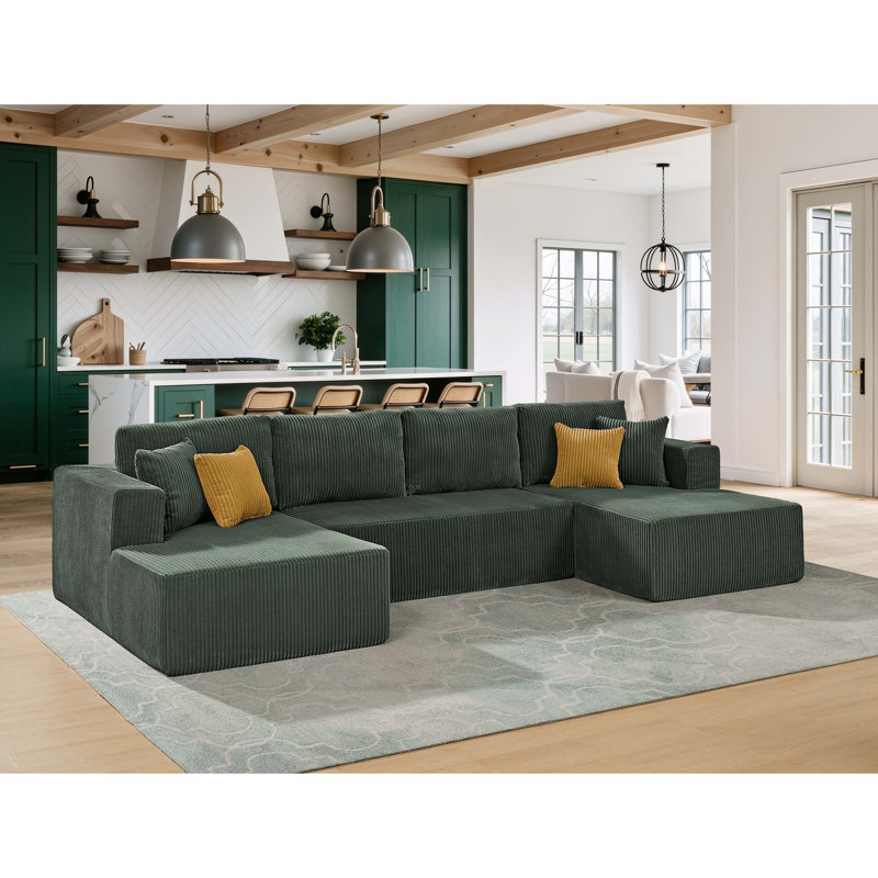 Canapé modulaire rembourré en velours côtelé double avec méridienne double - aucun assemblage requis