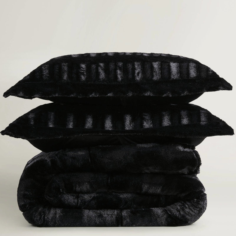 3 pièces d'édredon en fausse fourrure unie double / grand uni de couleur noire, revers en vison doux, 2 taies décoratives avec bride - pouce, rembourré, cousu de bout en bout, avec rembourrage, conçu pour la stabilité du rembourrage
