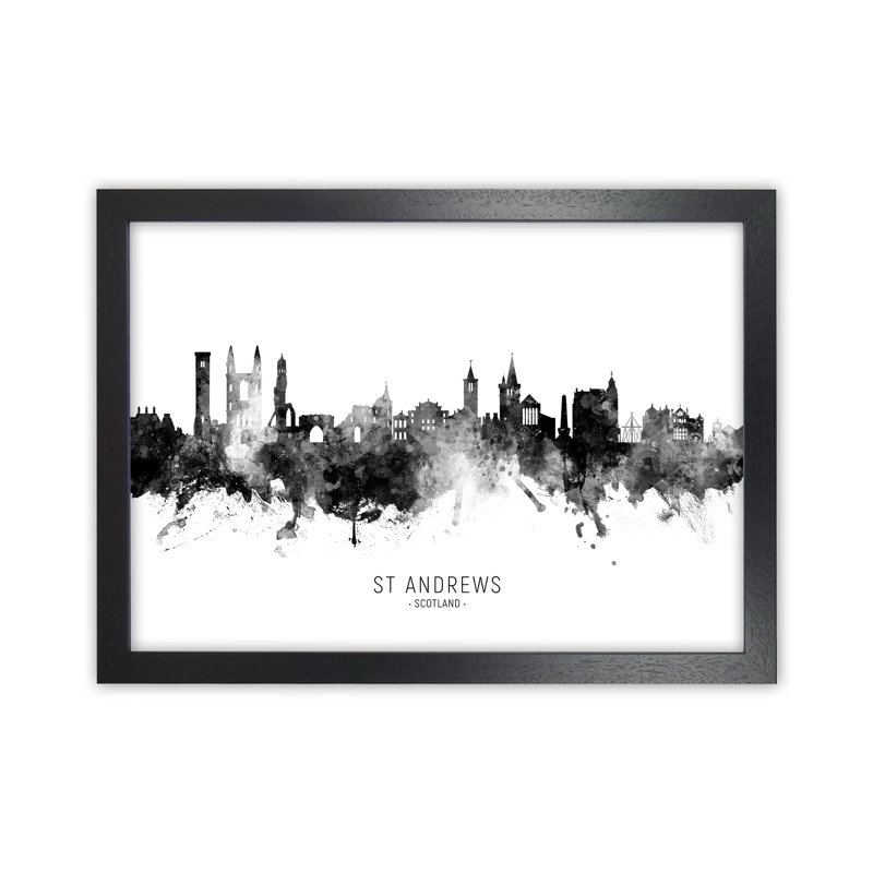 St Andrews Scotland Skyline Black White City Name by Michael Tompsett - Print, 25cm H x 34cm W x 3cm D, Black Framed