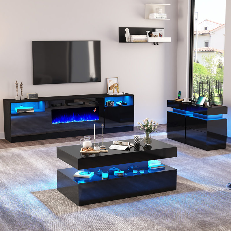 Bhhatu 4-piece Modern High Gloss Living Room Table Set,70" Fireplace Tv Stand, Coffee Table,2 End Table,Black, Black