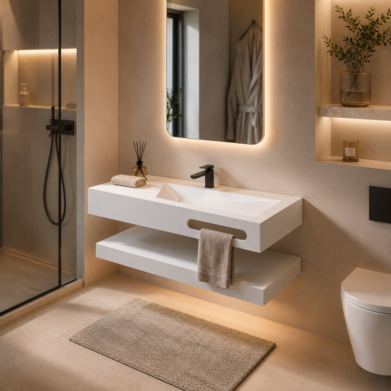 Lavabo de salle de bain flottant mural en résine 48 po avec vasque en forme de V, tablette ouverte et siphon en P inclus
