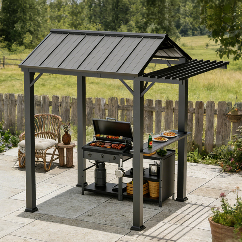 Bridget 6' X 8' Aluminium Hardtop Patio Grill Gazebo,Galvanized Steel Gable Roof With Bar Couter And Trellis Roof