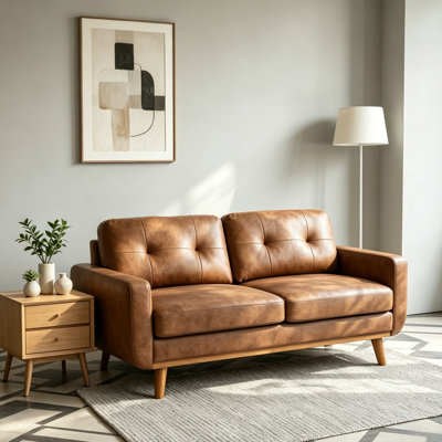 Canapé 2 places minimaliste moderne de 165 cm, revêtu d'un tissu texturé métallisé, avec dossier matelassé en losanges, assise rembourrée en mousse et pieds en bois massif, idéal pour le salon, l'appartement et le bureau, marron.