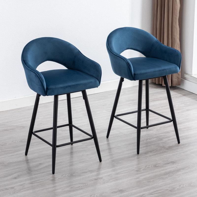 Swivel Upholstered Bar Stool with Iron Frame, Velet-Blue