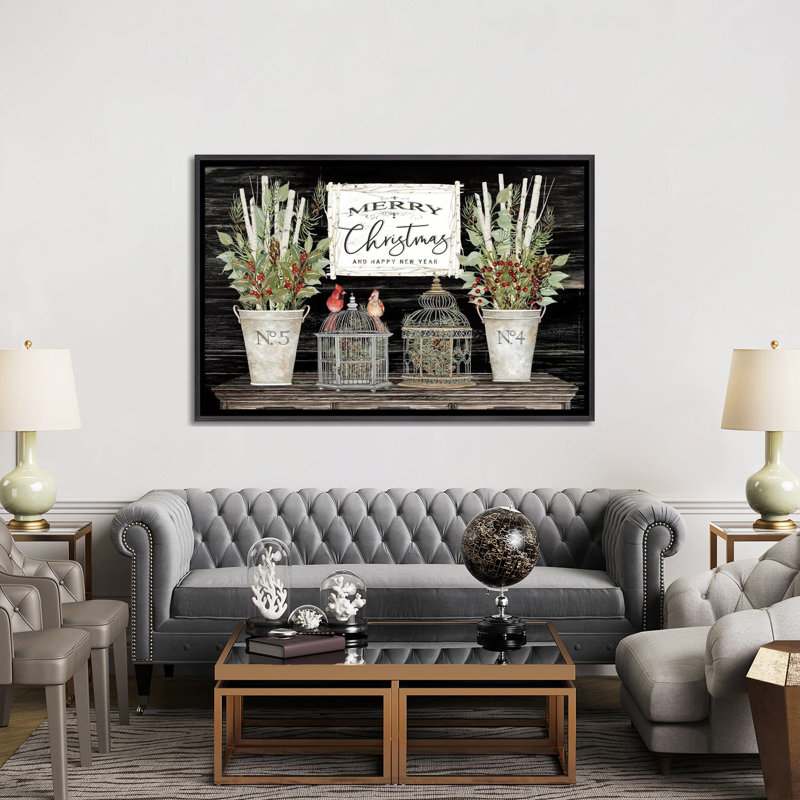 Floral Merry Christmas par Cindy Jacobs-impression d’art graphique, H 40 po x l 60 po x 1,5 po, Toile avec cadre noir patiné