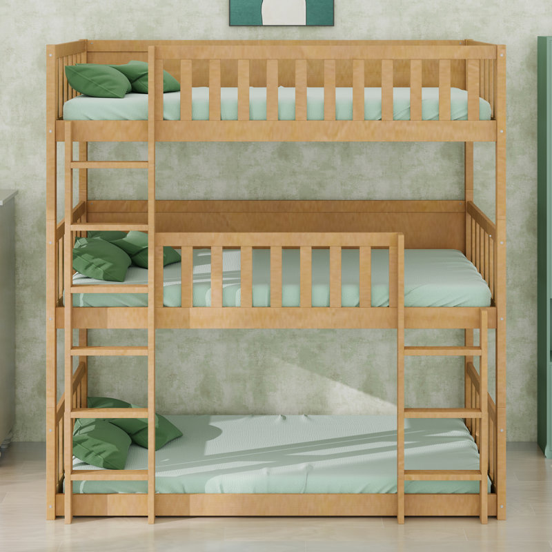 Rubber Wood Triple Bunk Bed With Ladders And Guardrails,Can Convertible Into Platform Beds, Natural