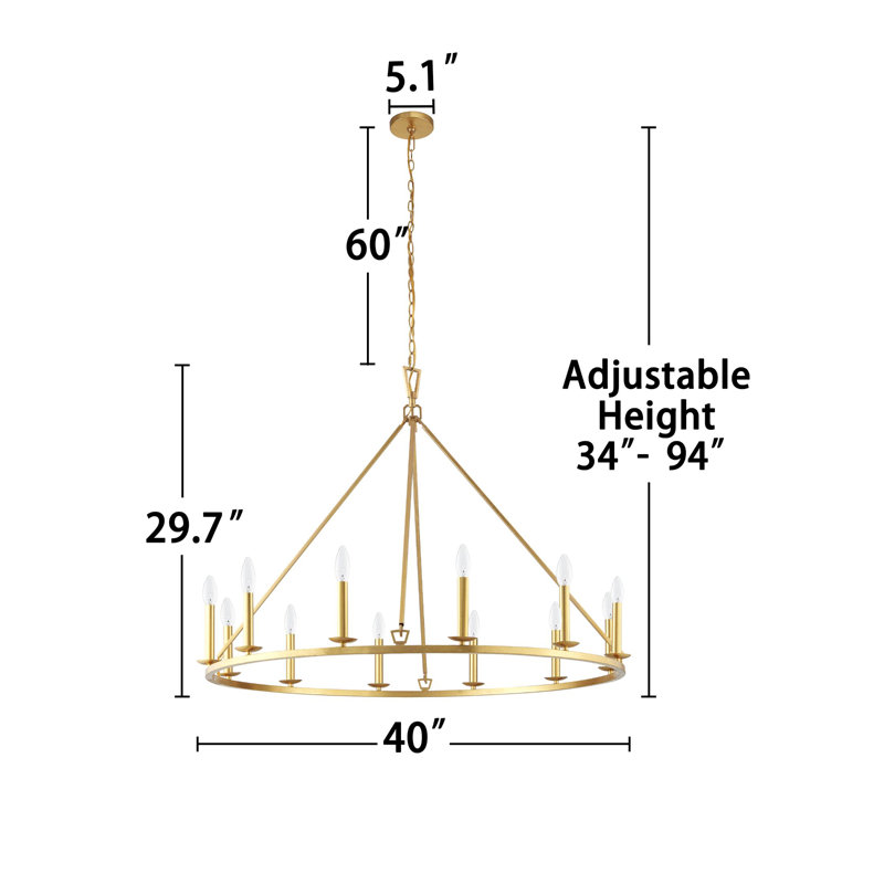 12-Light Wagon Wheel Chandelier, 37.5" Diameter, Farmhouse Silver Fixture For High Ceilings | Adjustable Chain For Dining Room, Foyer, Kitchen Island
