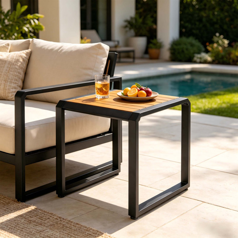 Table d'appoint élégante avec plateau en bois de teck et structure en métal, capacité de 120 lb pour le patio et l'intérieur