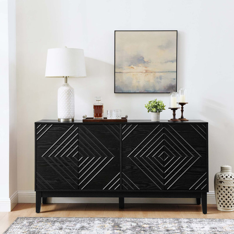Console en bois avec motif géométrique et tablettes réglables, Noyer brun