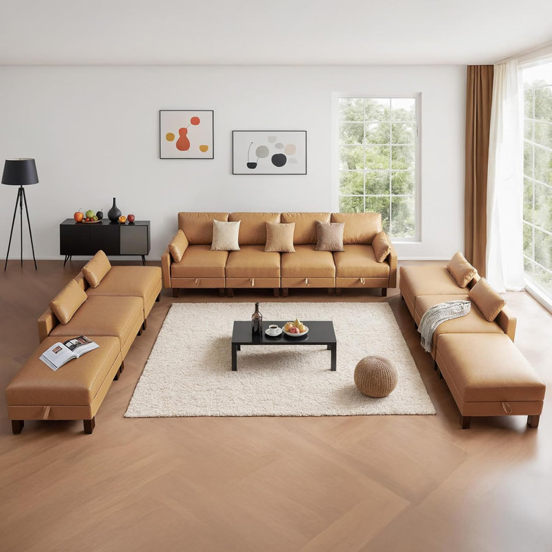 Canapé modulaire en U avec rangement, canapé 10 places en similicuir, grand canapé confortable, grand canapé pour grand espace, maison, bureau, brun clair