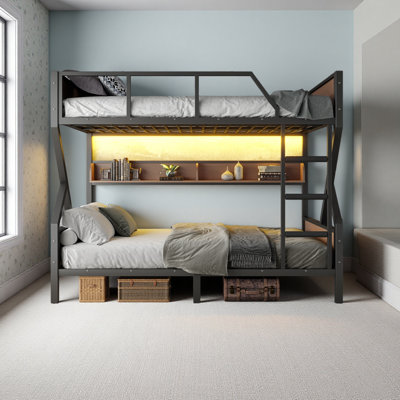 Lit superposé grand sur grand, lit superposé en métal avec tablettes de rangement et lumières, peu encombrant, conception sans bruit