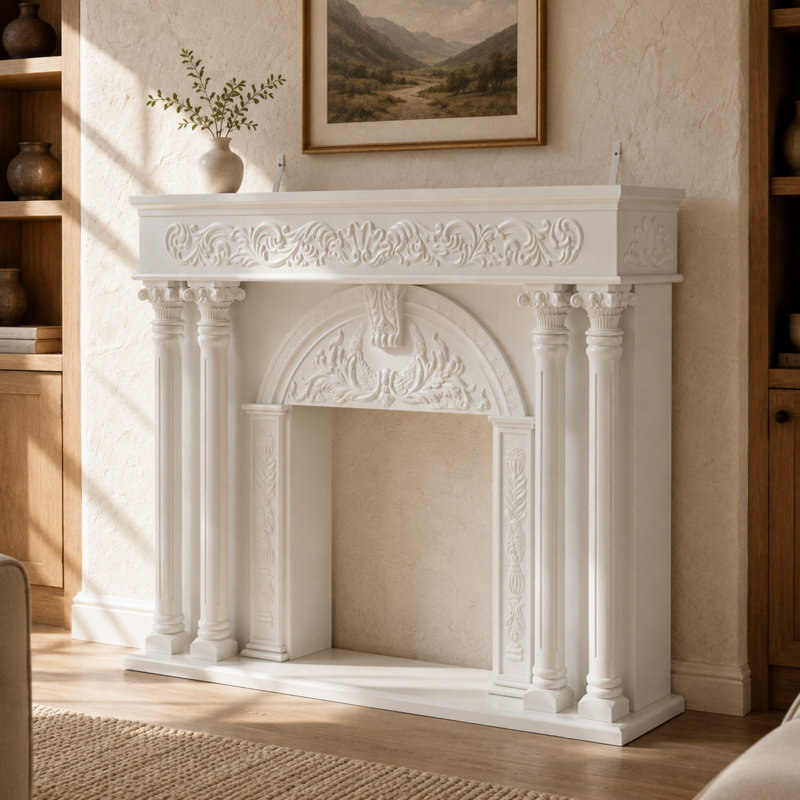 Cadre de cheminée décoratif de 55,1 po de largeur avec 4 colonnes romaines et détails sculptés (foyer non inclus)
