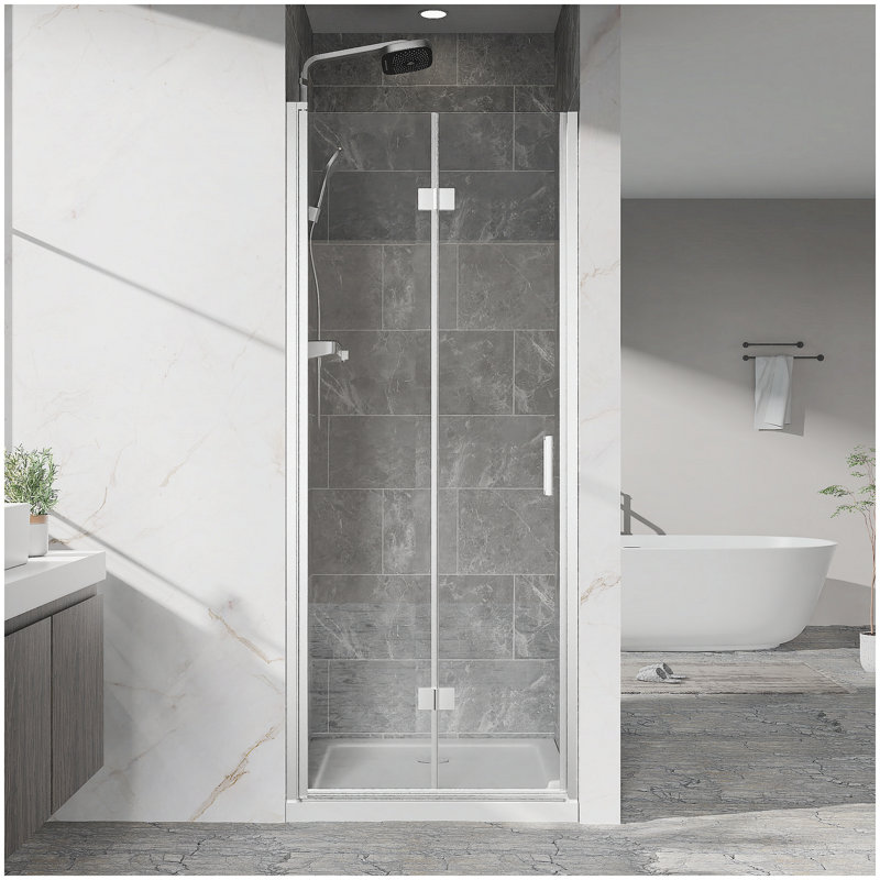 Pivot Shower Doors, 32" W x 72" H Frameless Bi-fold Swing Shower Door,1/4" (6mm) Clear Tempered Glass, Chrome Finish Hardware, Reversible Installation