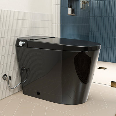 Toilette bidet non électrique Los Flexi, blanche, sans réservoir, hauteur conforme aux normes ADA de 44 cm (17,3 pouces), double jet de lavage, réservoir de 3,8 L (1,0 gal) et système d'assistance à la pression d'air MaP de 1000 g, noir brillant, entraxe de 30,5 cm (12 pouces).