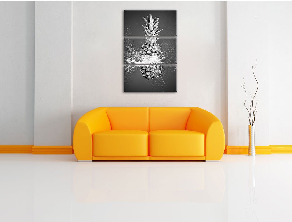 3-tlg. Leinwandbilder-Set „Ananas mit Wasser bespritzt“, Grafikdruck