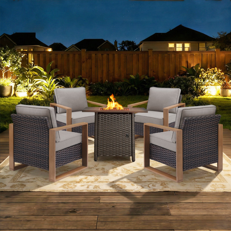 Ensemble de conversation de chaises longues d'extérieur 5 pièces avec table foyer, Beige, Brun