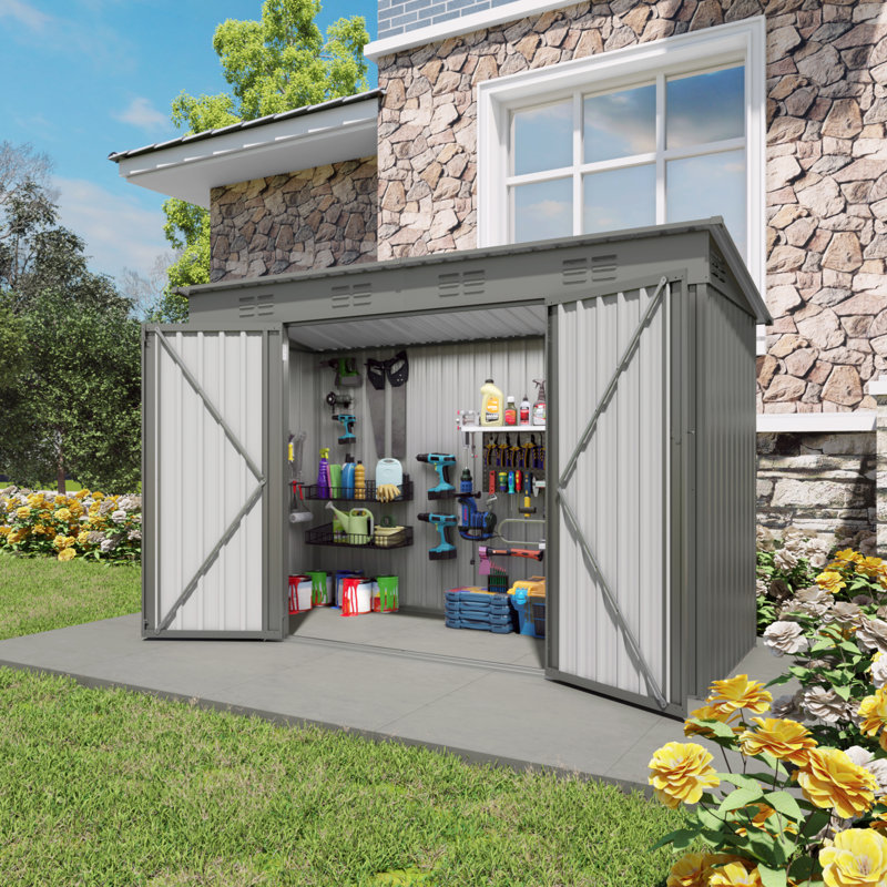 4 X 9 FT Outdoor Storage Shed, Metal Garden Shed Tool House With Sloping Roof,6 Vents And 2 Swing Doors For Backyard, Garden,Patio, Garage, Lawn