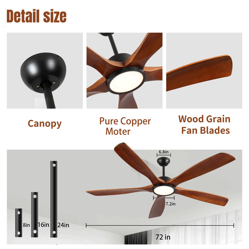 72 Inch Wood Ceiling Fan With Light, Low Profile Ceiling Fan With Remote Control,Noiseless Reversible DC Motor With Timer