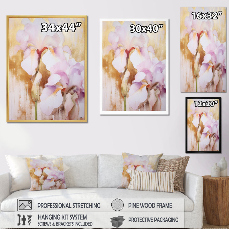 Pétales d'iris rose sur toile, Cadre photo argenté, H 32 po x l 16 po x P 1 po