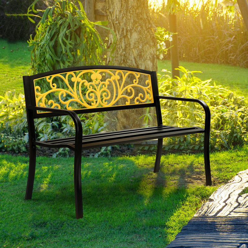 Banc d'extérieur en acier avec dossier jaune, Noir, noir, noir, noir
