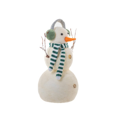 Bonhomme de neige blanc debout en polyylon blanc avec cache-oreilles et écharpe verts