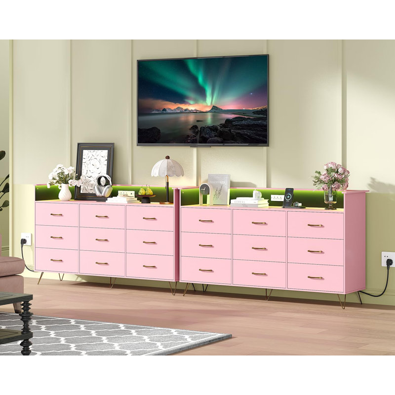 Commode 9 tiroirs en bois pour la chambre à coucher avec lumières DEL et station de charge, commode en bois avec contrôle de l'application
