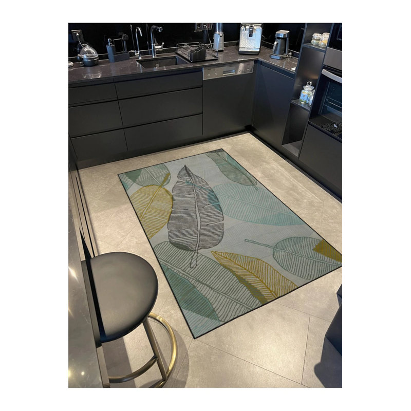 Tapis gris à motif de feuilles, Rond 3 pi 4 po