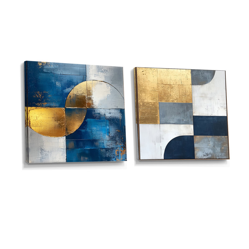 Motif géométrique bleu doré et gris Pure Form III - art mural géométrique - toile d'art moderne 2 pièces, Ne s’applique pas