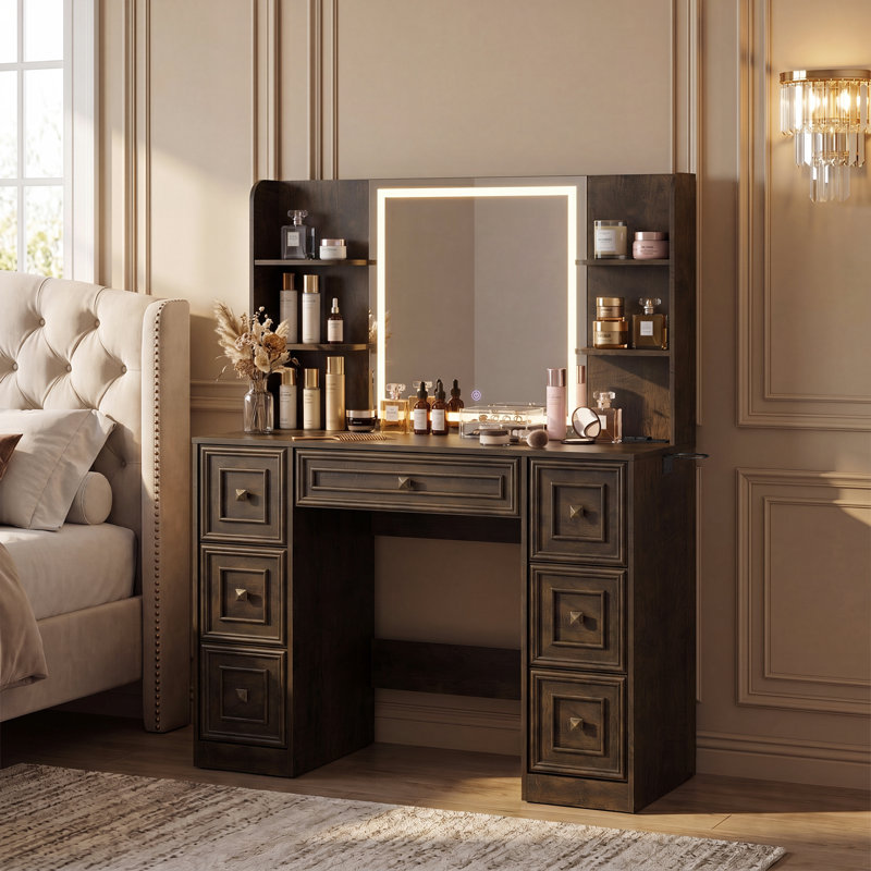 Meuble-lavabo 43,3 po avec miroir à DEL, station de charge et 7 tiroirs, Brown