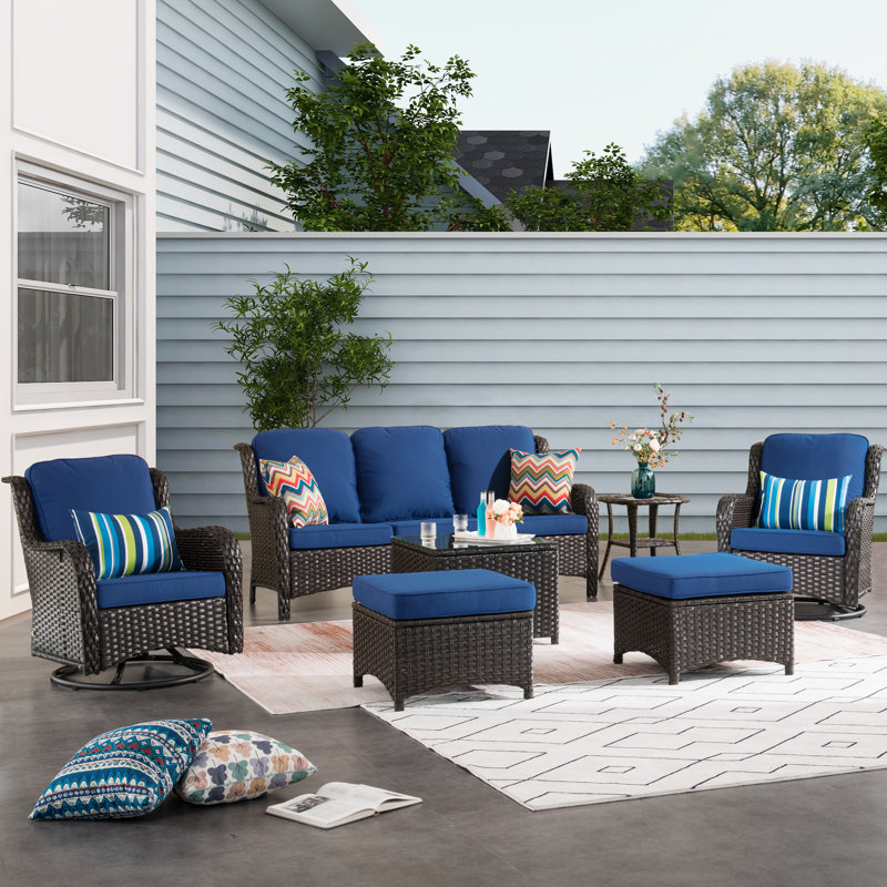 Emlynne 6 - Person Patio Conversation Set with Cushions, Brown, Navy Blue